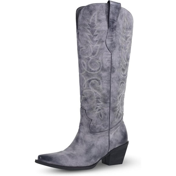 ⚡Women's Gray Purple Knee High Cowboy Boots Pointed Toe Chunky Heel Slip On